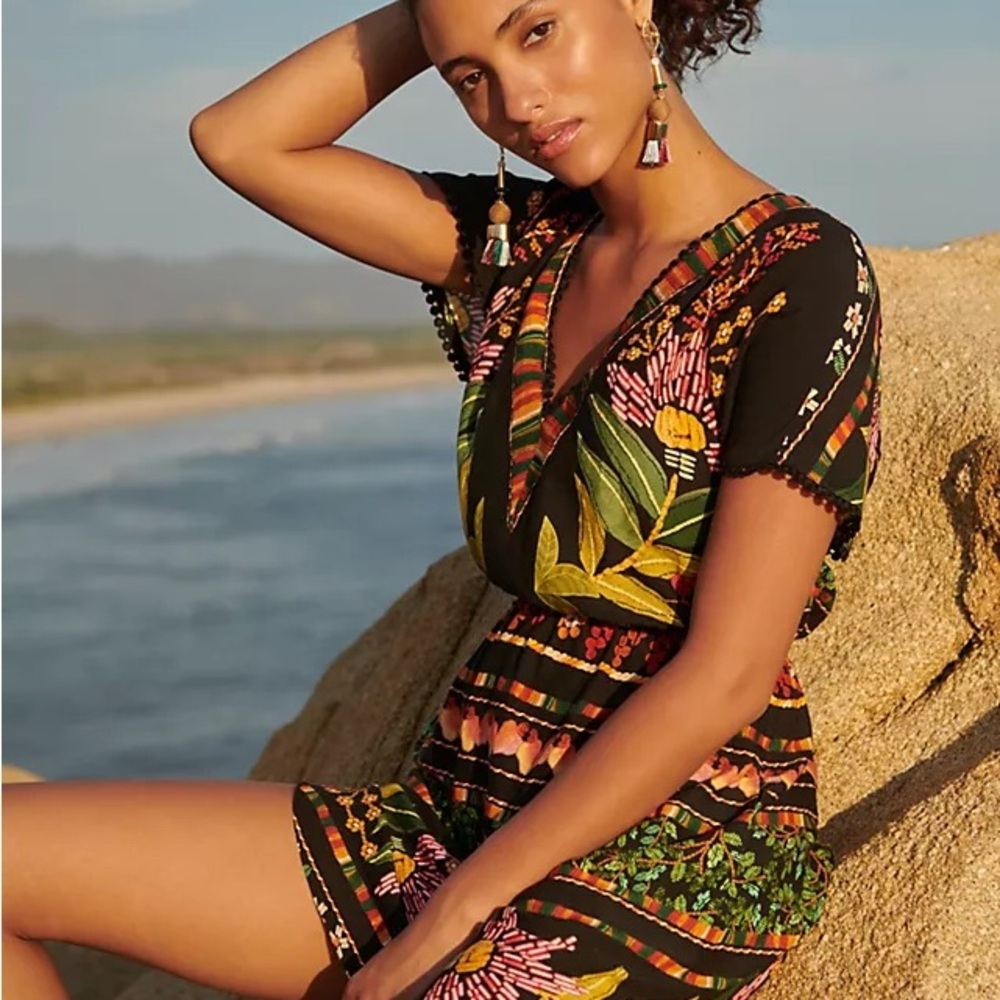Farm Rio Swim Coverup Tunic Dress Floral Print Botanical Yellow Black Size Small